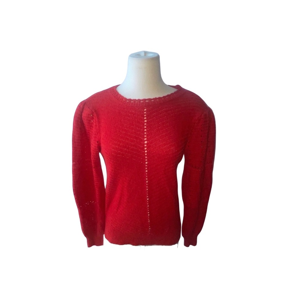 red crochet knit puff sleeve sweater